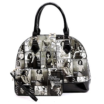 Obama Magazine Print Bottom Dome Shape Satchel Wallet SET