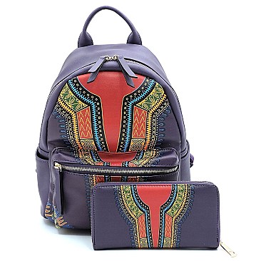 Ethnic Print Multi-Pocket Backpack Wallet SET MH-JY0238W