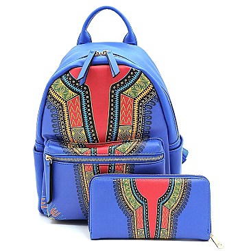 Ethnic Print Multi-Pocket Backpack Wallet SET MH-JY0238W