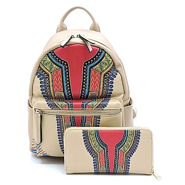 Ethnic Print Multi-Pocket Backpack Wallet SET MH-JY0238W