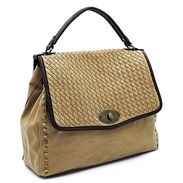 Woven Flap Brass-tone Matte Material Satchel MH-LMS064