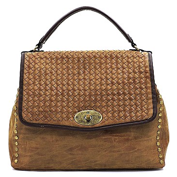 Woven Flap Brass-tone Matte Material Satchel MH-LMS064