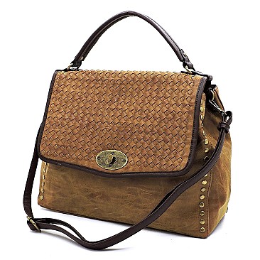 Woven Flap Brass-tone Matte Material Satchel MH-LMS064