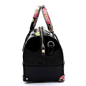 2-in-1 Glossy Flower Printed Boston Satchel Set