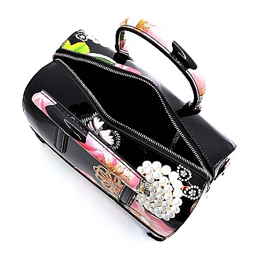 2-in-1 Glossy Flower Printed Boston Satchel Set