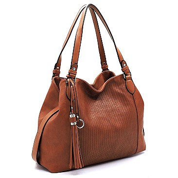 Fashionable Tassel Accent Perforated Two-Tone Tote MH-LH098