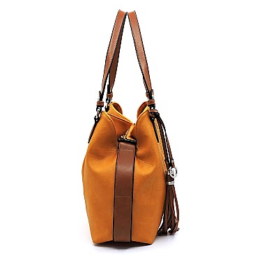 Fashionable Tassel Accent Perforated Two-Tone Tote MH-LH098
