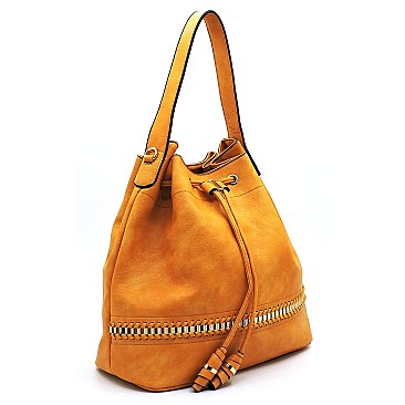 Trendy Whipstitch Accent Drawstring 2-Way Bucket Hobo MH-D0491