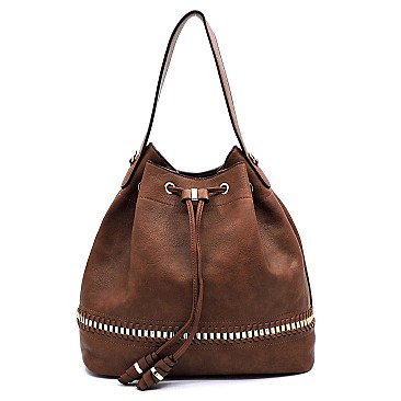 Trendy Whipstitch Accent Drawstring 2-Way Bucket Hobo MH-D0491