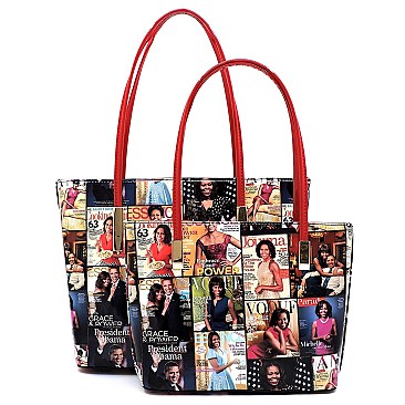 Magazine Print 3 in 1 Patent Twin Tote Wallet SET