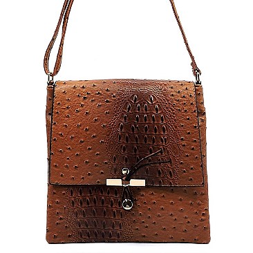 Ostrich Croc Flapover Crossbody Bag