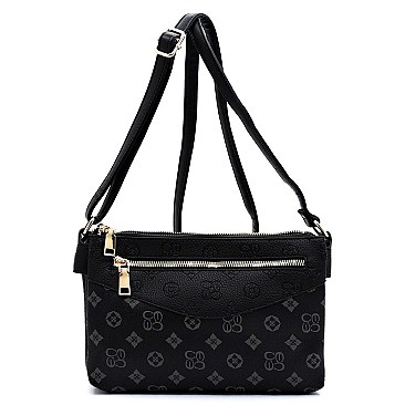 MULTI-COMPARTMENT EMBOSSED MONOGRAM CROSS BODY BAG