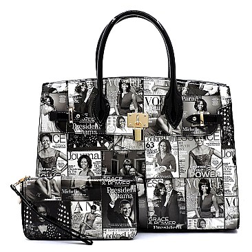 2-in-1 Magazine Cover Collage Padlock Satchel