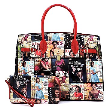 2-in-1 Magazine Cover Collage Padlock Satchel