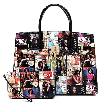 2-in-1 Magazine Cover Collage Padlock Satchel