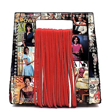 STUDDED FRINGE COLLAGE MAGAZINE COVER SATCHEL