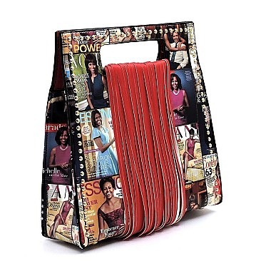 STUDDED FRINGE COLLAGE MAGAZINE COVER SATCHEL