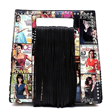 STUDDED FRINGE COLLAGE MAGAZINE COVER SATCHEL