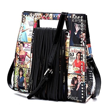 STUDDED FRINGE COLLAGE MAGAZINE COVER SATCHEL