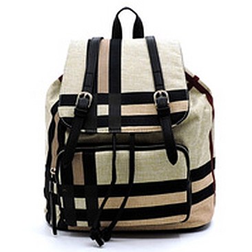 Plaid Check Linen Drawstring Backpack