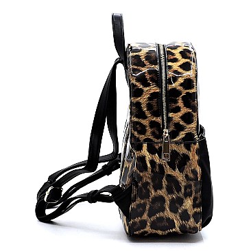 MULTI-POCKET LEOPARD PRINT PATENT BACKPACK