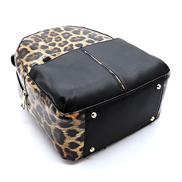 MULTI-POCKET LEOPARD PRINT PATENT BACKPACK