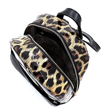 MULTI-POCKET LEOPARD PRINT PATENT BACKPACK