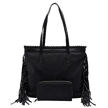 Classy Tribal Aztec Laser-Cut Fringed Side Shopper Tote Wallet SET MH-LQF0121W