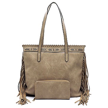 Classy Tribal Aztec Laser-Cut Fringed Side Shopper Tote Wallet SET MH-LQF0121W