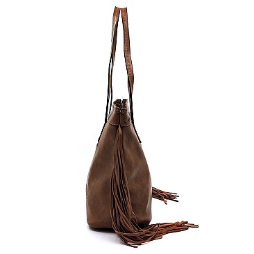 Classy Tribal Aztec Laser-Cut Fringed Side Shopper Tote Wallet SET MH-LQF0121W