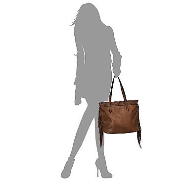 Classy Tribal Aztec Laser-Cut Fringed Side Shopper Tote Wallet SET MH-LQF0121W