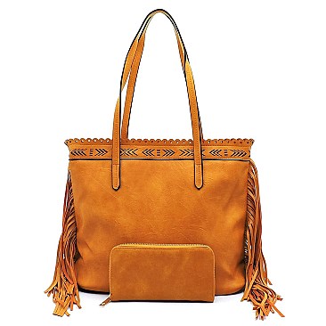 Classy Tribal Aztec Laser-Cut Fringed Side Shopper Tote Wallet SET MH-LQF0121W