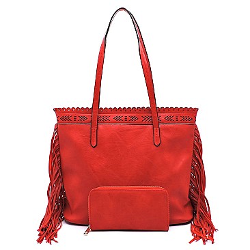 Classy Tribal Aztec Laser-Cut Fringed Side Shopper Tote Wallet SET MH-LQF0121W