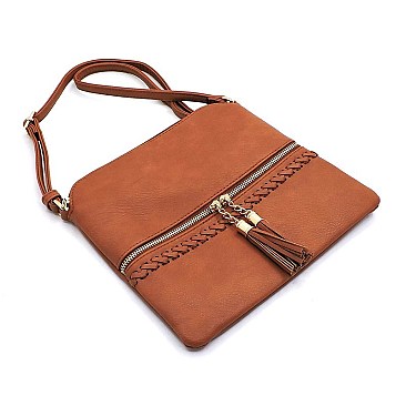Weaved Whipstitch Tassel Zipper Crossbody Bag