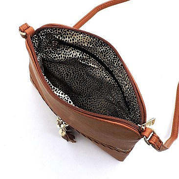 Weaved Whipstitch Tassel Zipper Crossbody Bag