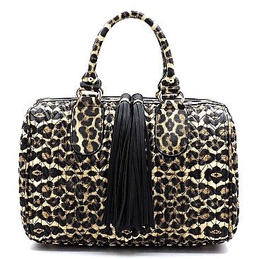 Leopard Chevron Quilted & Tassel Zipper Boston Bag