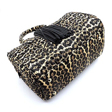 Leopard Chevron Quilted & Tassel Zipper Boston Bag