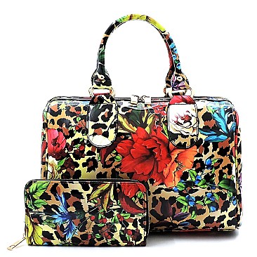 Flower Leopard Print Boston Satchel Wallet SET