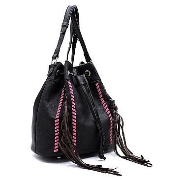 Fashion Whip stitch Fringe Bucket Satchel