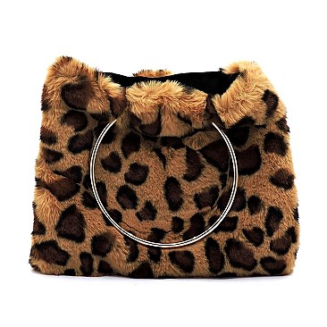Faux Fur Leopard Round Top Handle Tote
