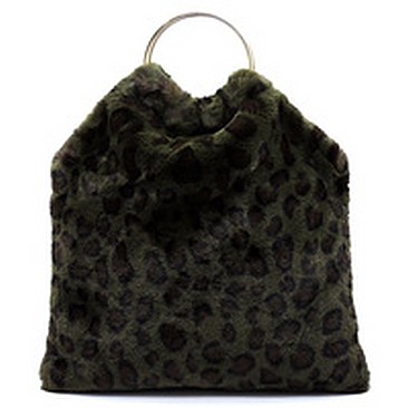 Faux Fur Leopard Round Top Handle Tote
