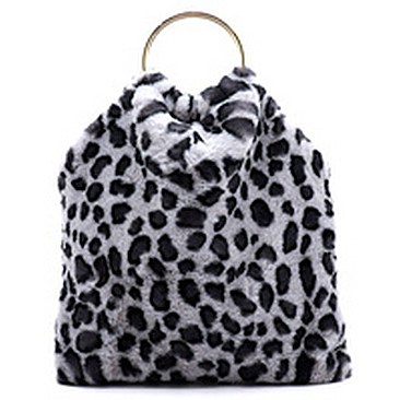 Faux Fur Leopard Round Top Handle Tote