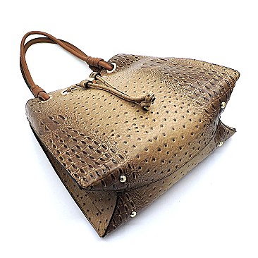 Ostrich Croc Drawstring Satchel