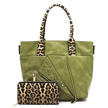 Studded Motorcycle Jacket Leopard Trim 2-in-1 Satchel