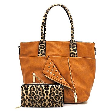 Studded Motorcycle Jacket Leopard Trim 2-in-1 Satchel