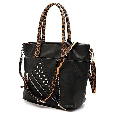 Studded Motorcycle Jacket Leopard Trim 2-in-1 Satchel