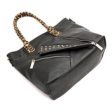 Studded Motorcycle Jacket Leopard Trim 2-in-1 Satchel