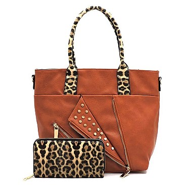 Studded Motorcycle Jacket Leopard Trim 2-in-1 Satchel