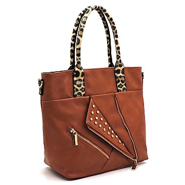 Studded Motorcycle Jacket Leopard Trim 2-in-1 Satchel