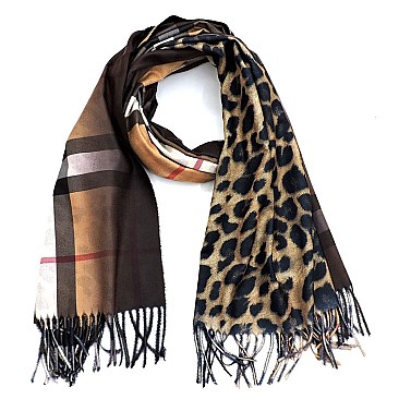 LEOPARD PRINT PLAID CHECK SCARF